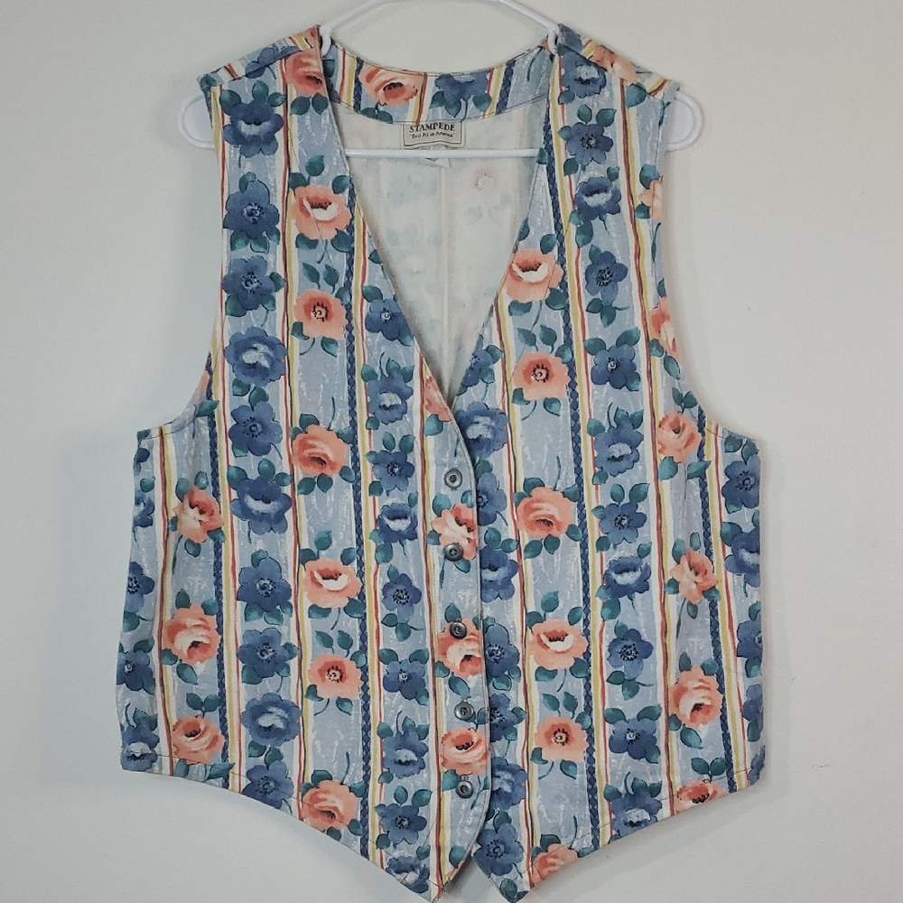 Stampede Vintage Cotton Floral Vest Size Med Denim BoHo Cottagecore Y2K Womens